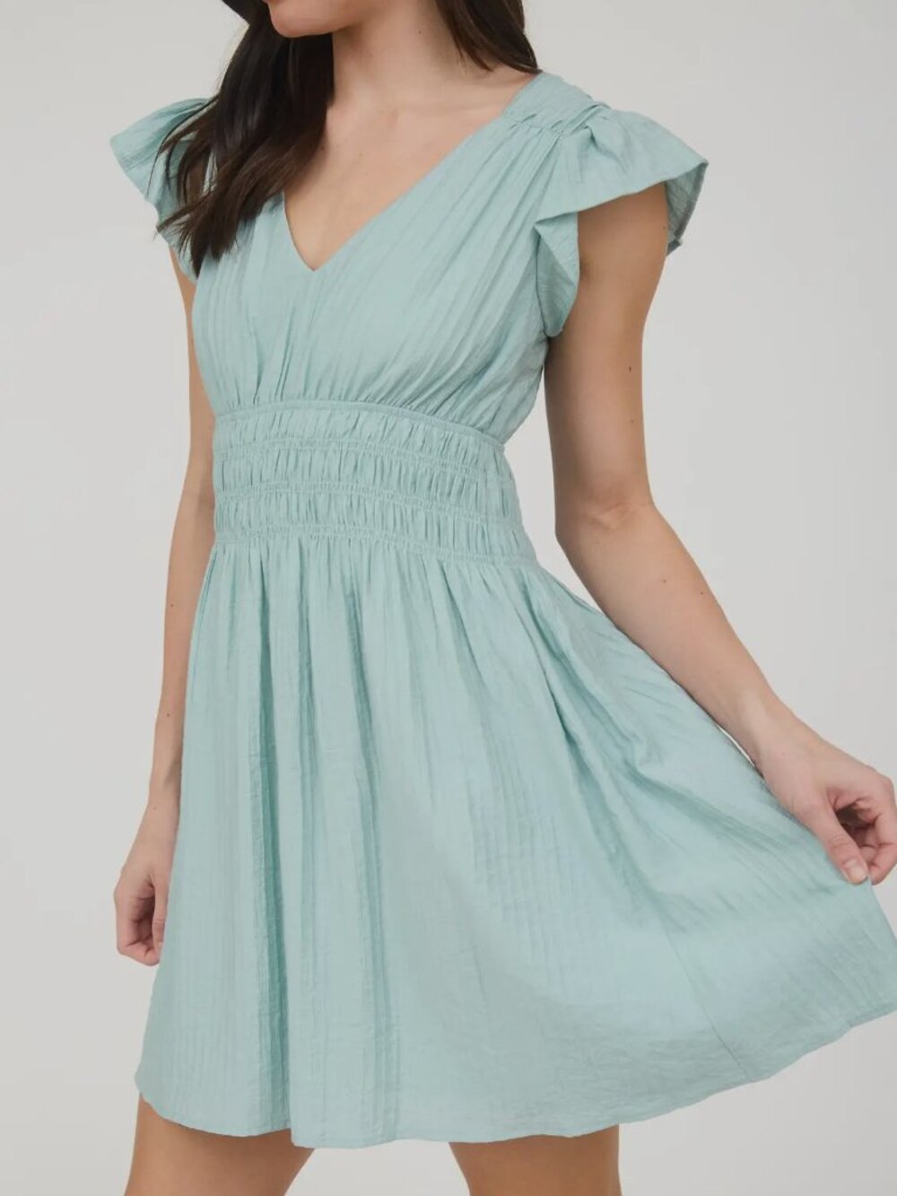 Blu Pepper Shirred Waist Ruffled Sleeve Dusty Mint Mini Dress